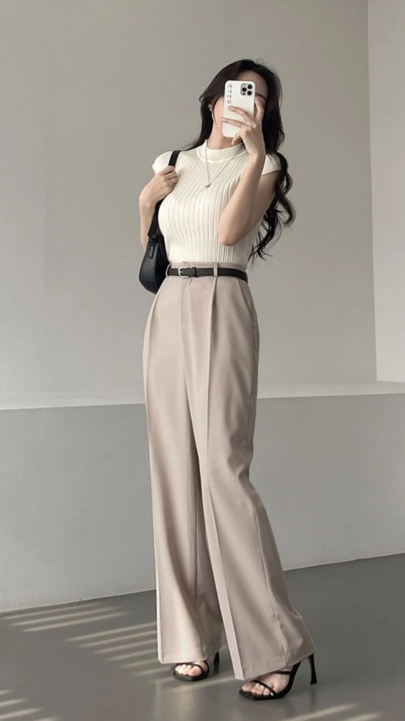 Cream Ribbed Top with Tailored Trousers