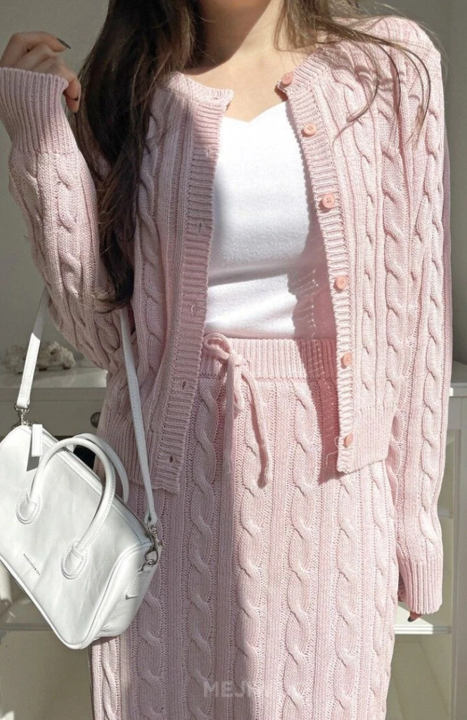 Soft Pink Cable Knit Matching Set