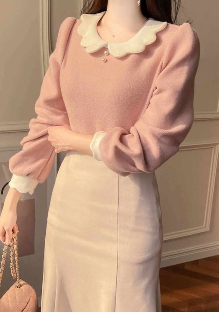 Soft Pink with Cream Collar Details