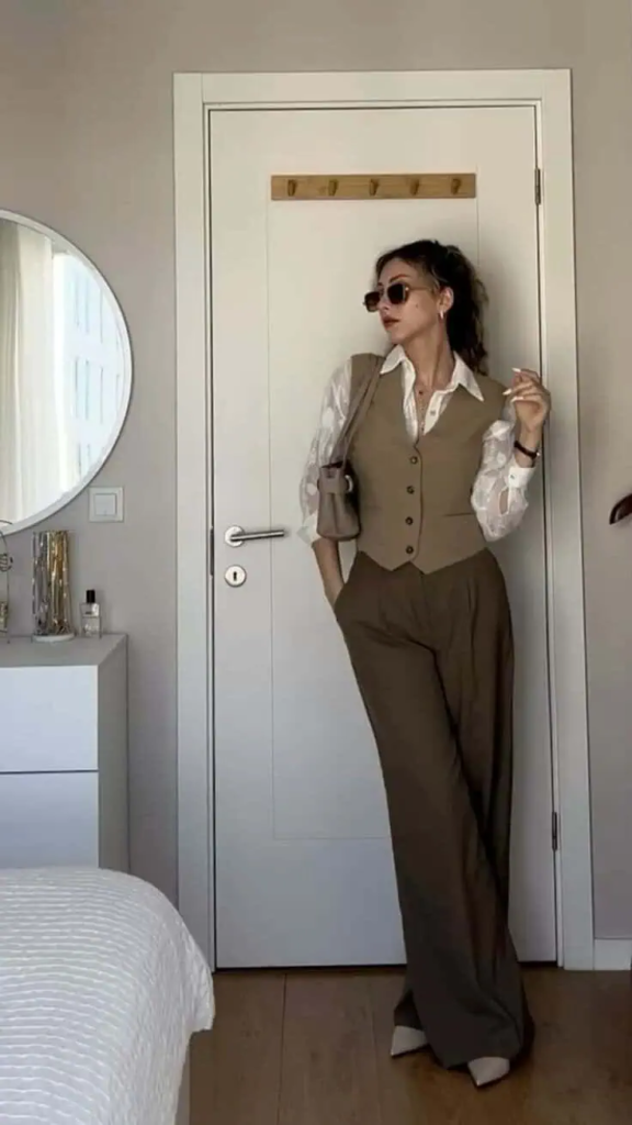 Neutral Vest and Wide-Leg Trousers Combo