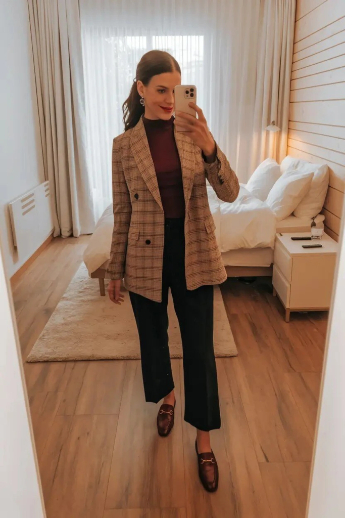 Plaid Blazer with Black Trousers