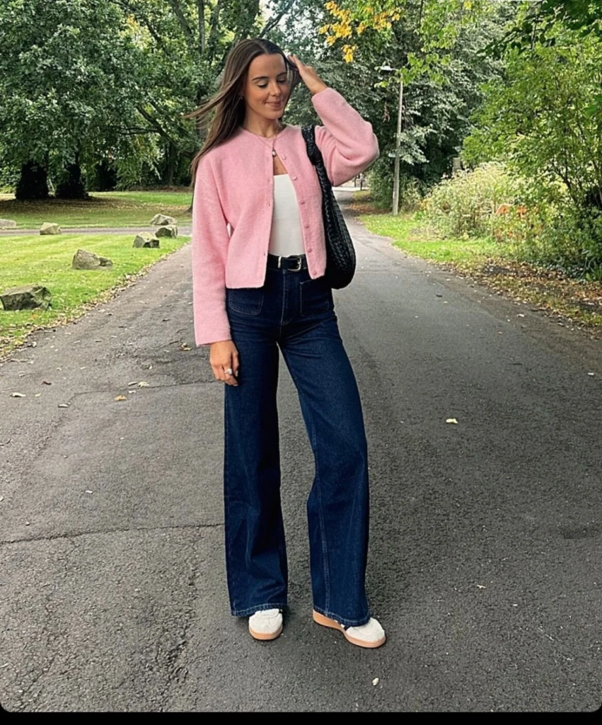 Pink Cardigan With Wide-Leg Jeans
