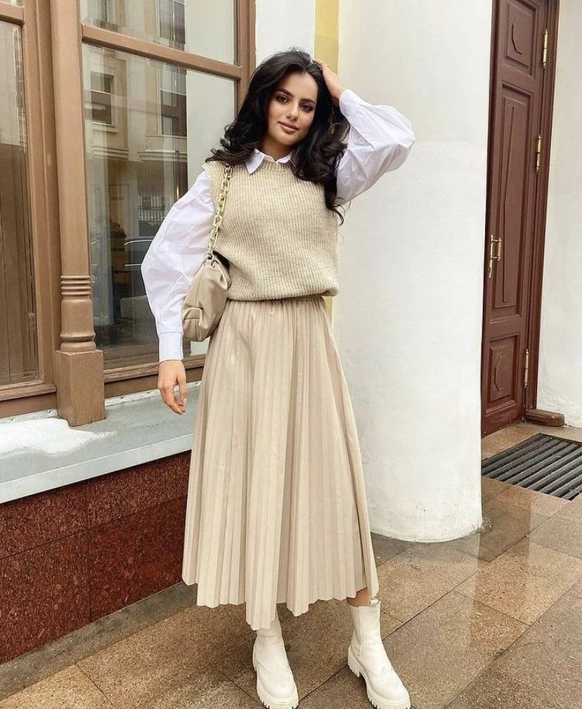 Cream Sweater with Pleated Midi Skirt
