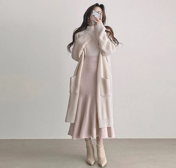 Elegant Cream Cardigan Over Midi Dress
