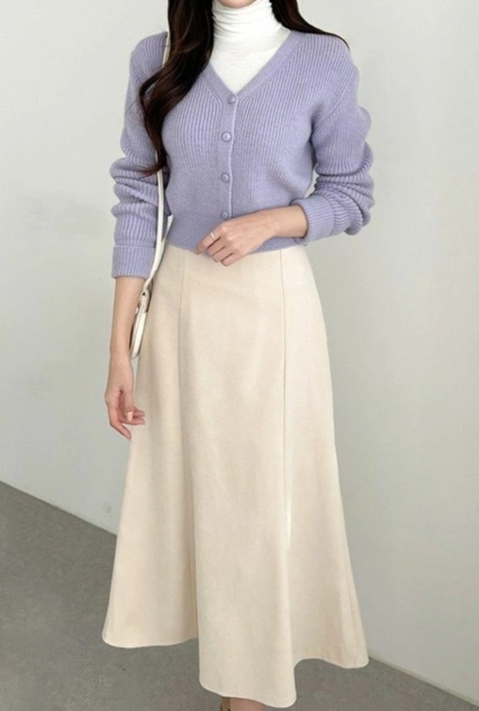 Lavender Cardigan with Cream Skirt