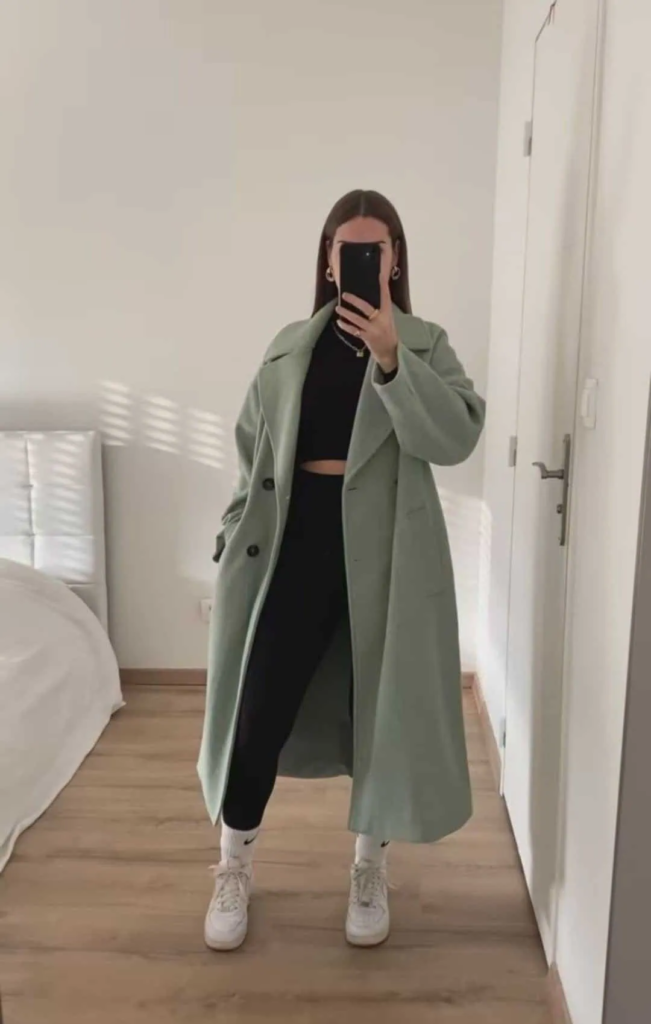 Sage Green Coat with Casual Elegance
