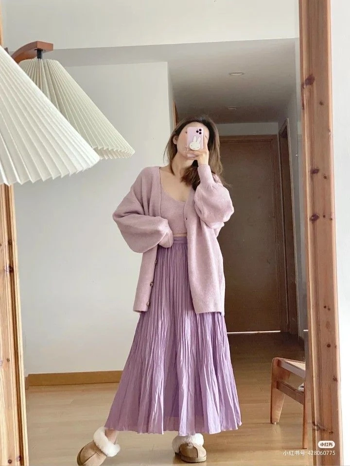 Soft Lavender Cardigan and Pleated Skirt