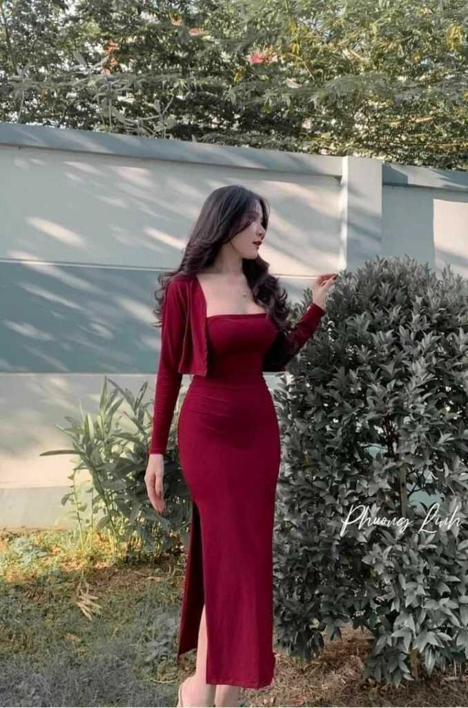 Elegant Burgundy Dress with Cardigan
