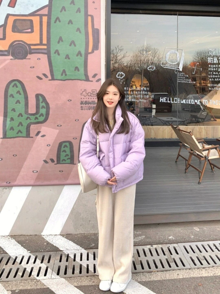 Lavender Puffer Jacket with Cream Neutrals
