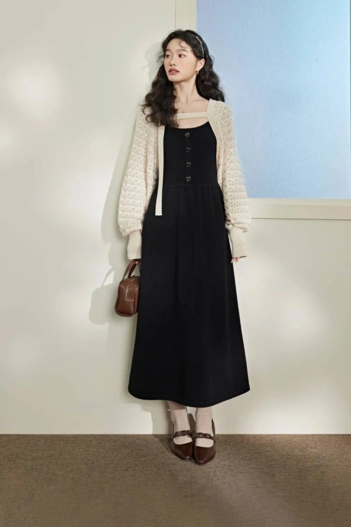 Black Dress with Cream Cardigan
