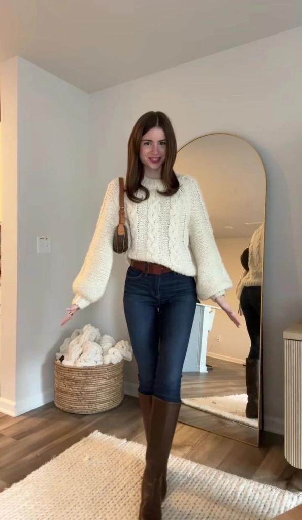 Cozy Cable Knit with Denim and Boots
