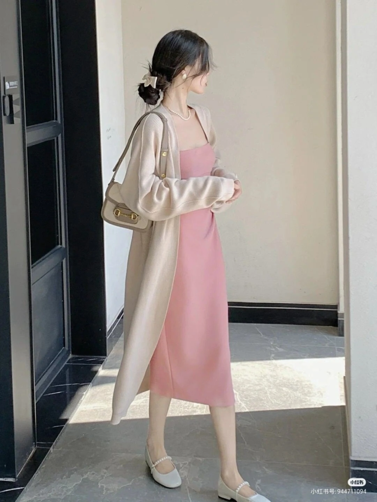 Pink Dress with Cream Cardigan Layer