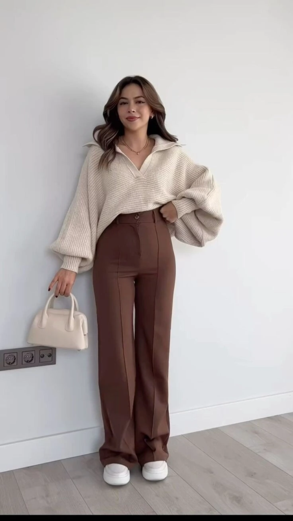 Cream Sweater with Chocolate Brown Trousers
