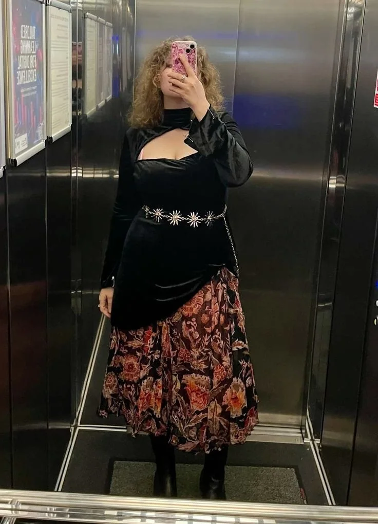 Black Velvet Top with Floral Skirt