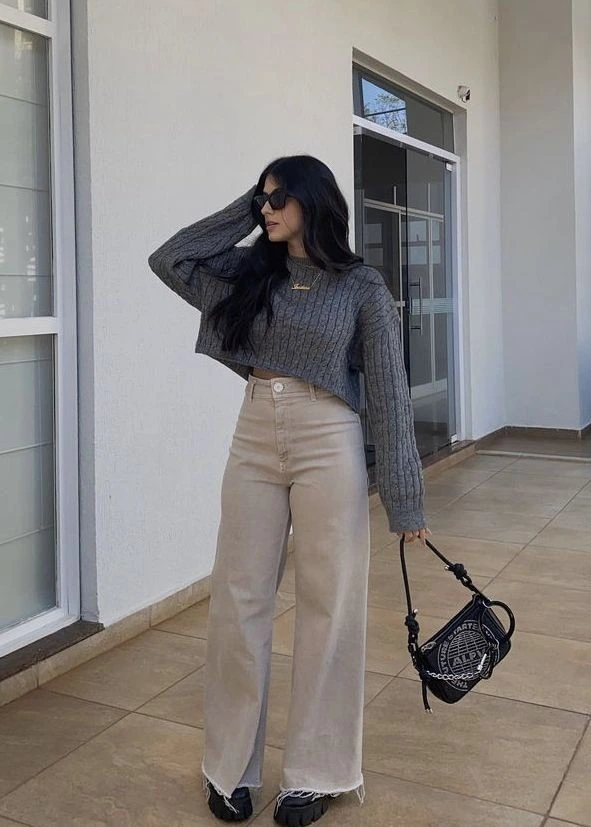 Cropped Sweater and Wide-Leg Jeans
