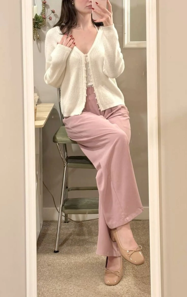 Cream Cardigan with Mauve Trousers
