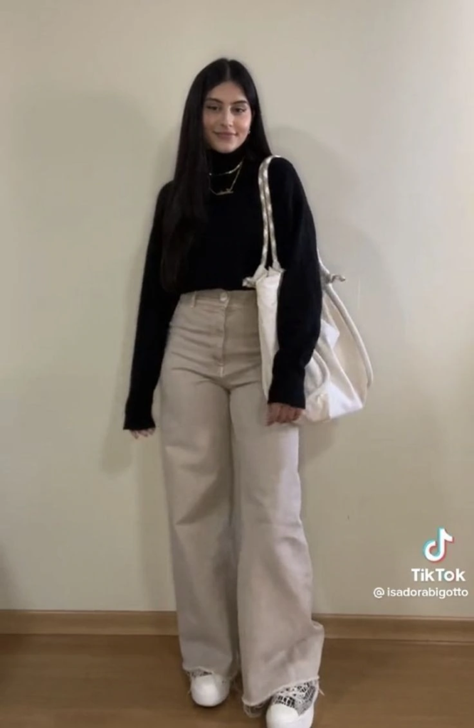 Black Sweater with Cream Wide-Leg Jeans
