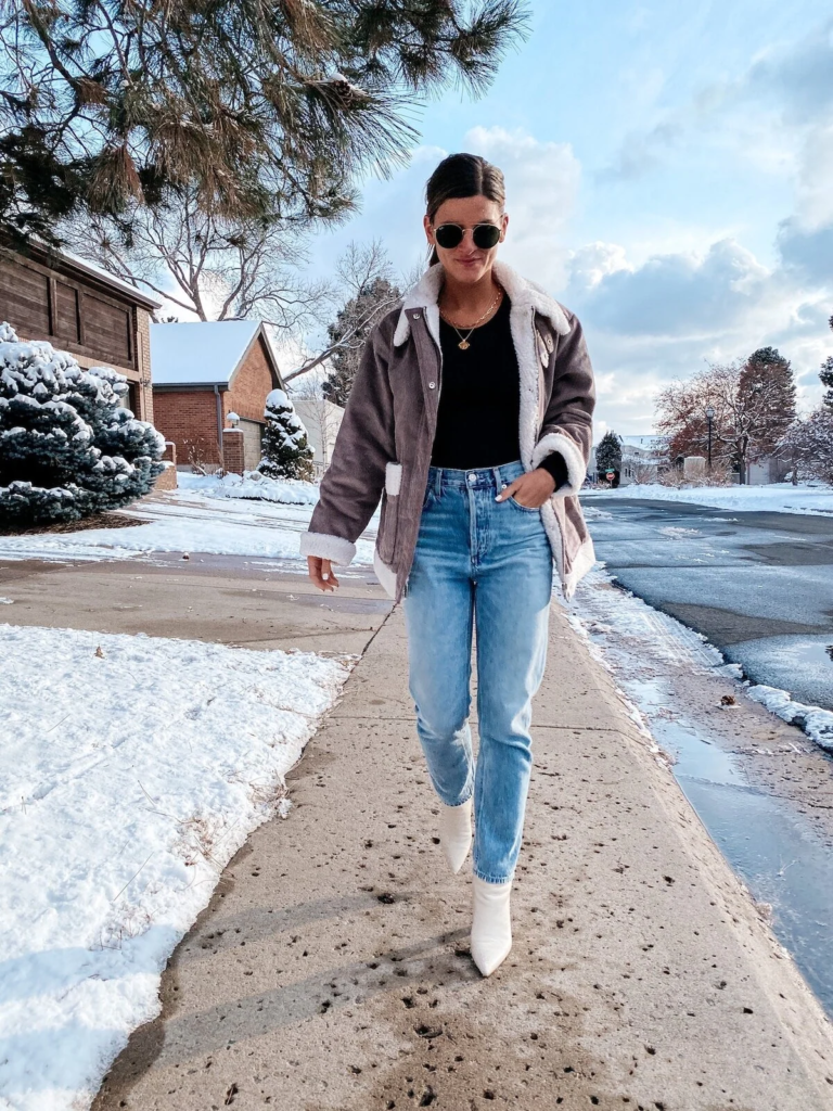 Sherpa Jacket with Classic Blue Jeans
