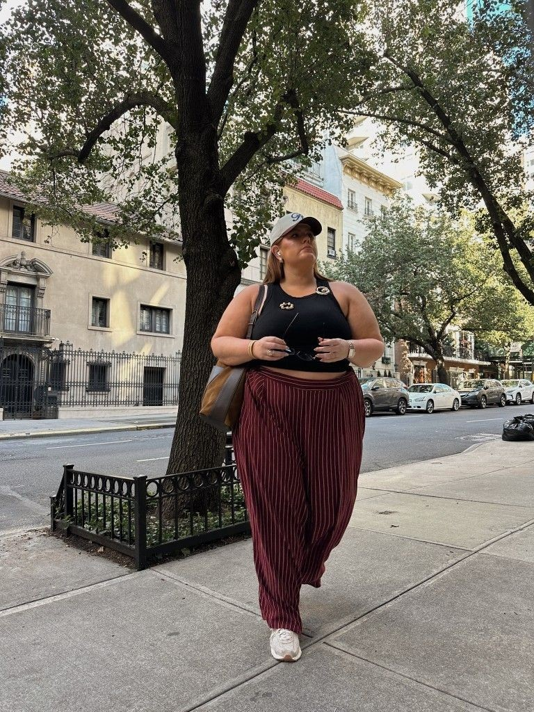 Black Crop Tank with Burgundy Pinstripe Pants

