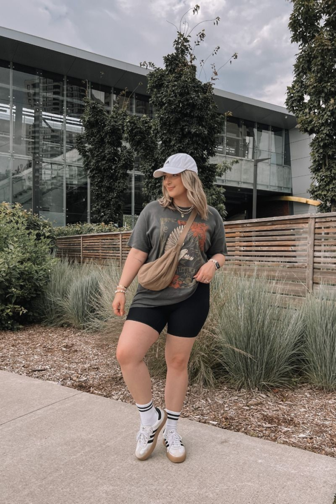 Graphic Tee with Bike Shorts and Sneakers
