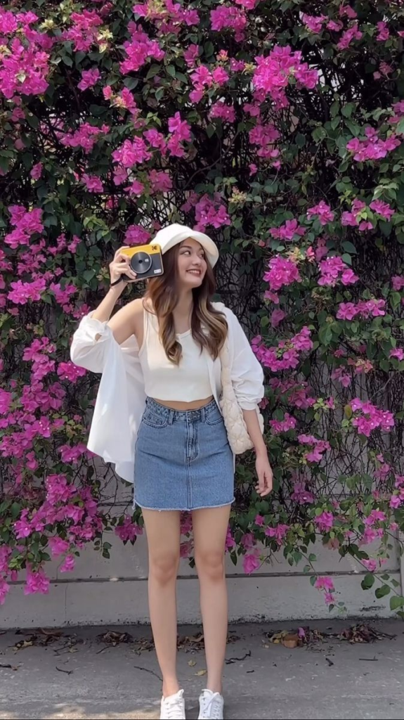 Casual White Button-Up and Denim Skirt
