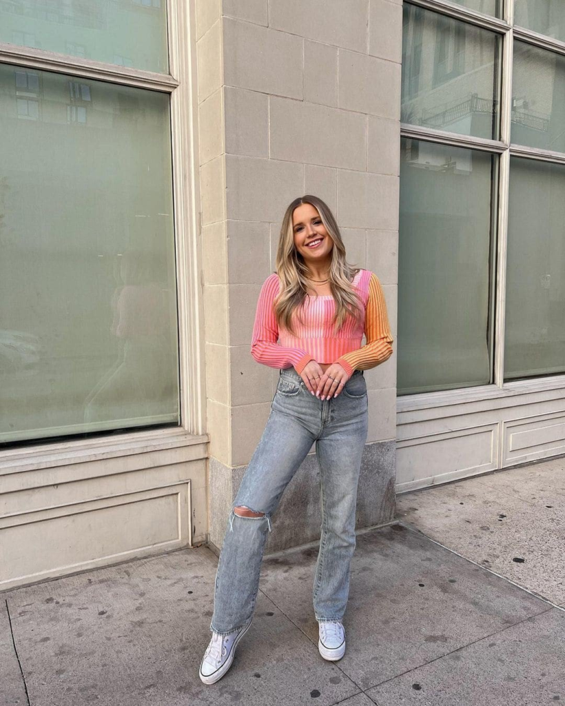Colorblock Ribbed Top with Distressed Denim