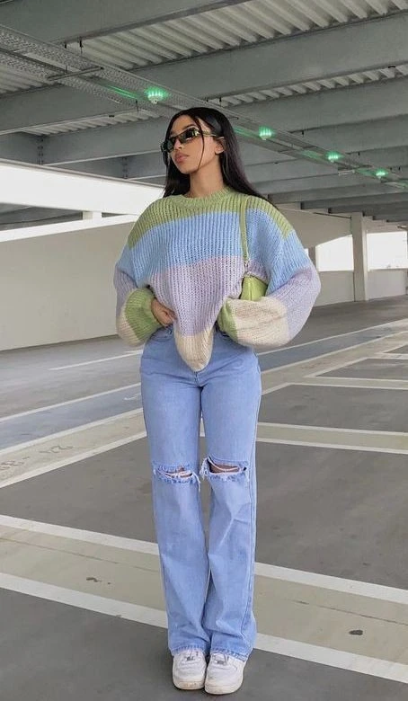 Pastel Colorblock Sweater with Distressed Denim
