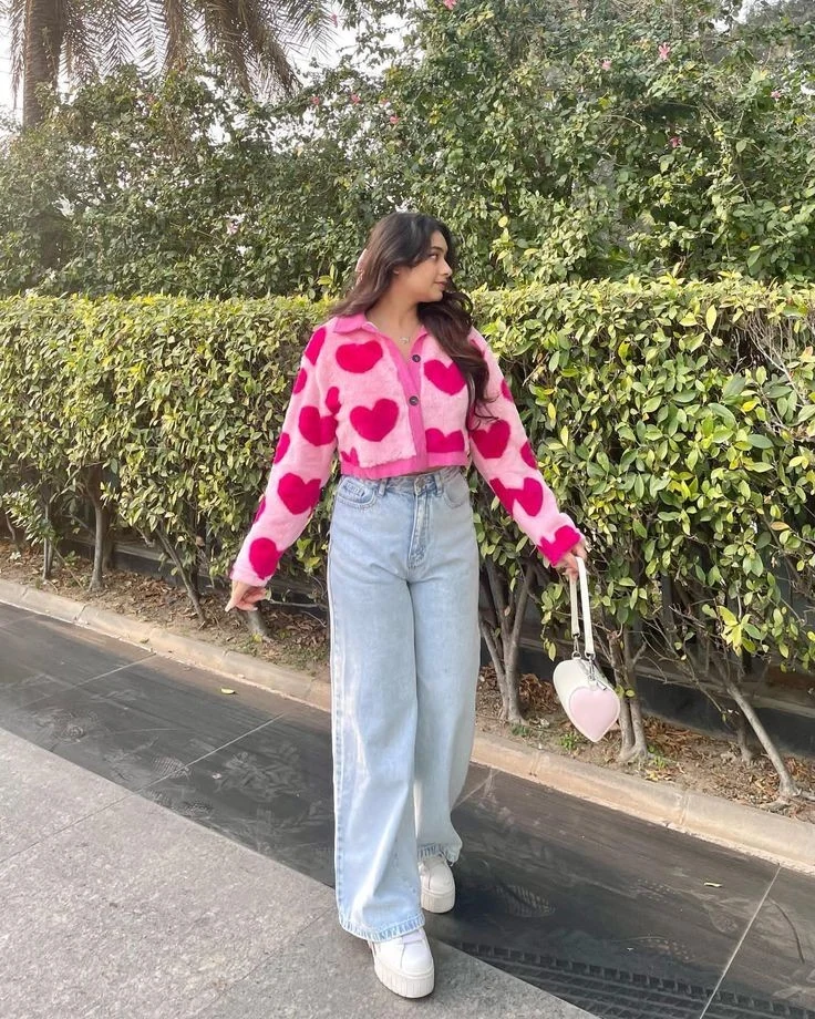 Pink Heart Cardigan with Light Denim
