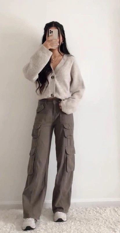 Cream Cardigan with Utility Cargo Pants
