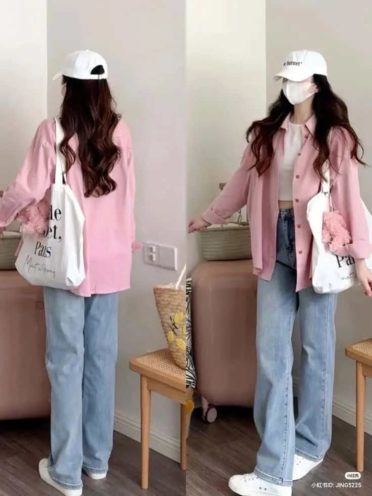 Pastel Pink Shirt with Casual Denim
