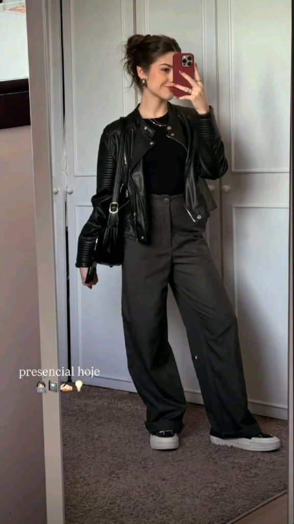 Black Leather Jacket and Wide-Leg Jeans
