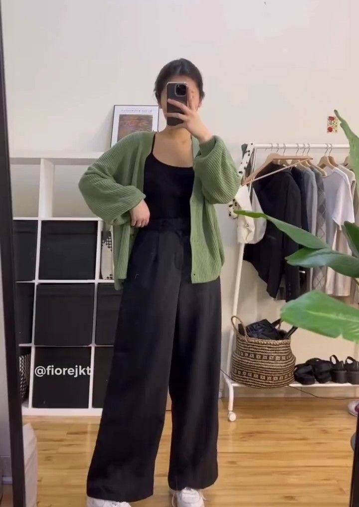 Sage Cardigan With Wide-Leg Black Jeans
