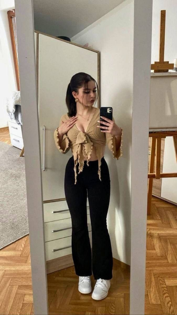 Neutral Wrap Top With Black Flares
