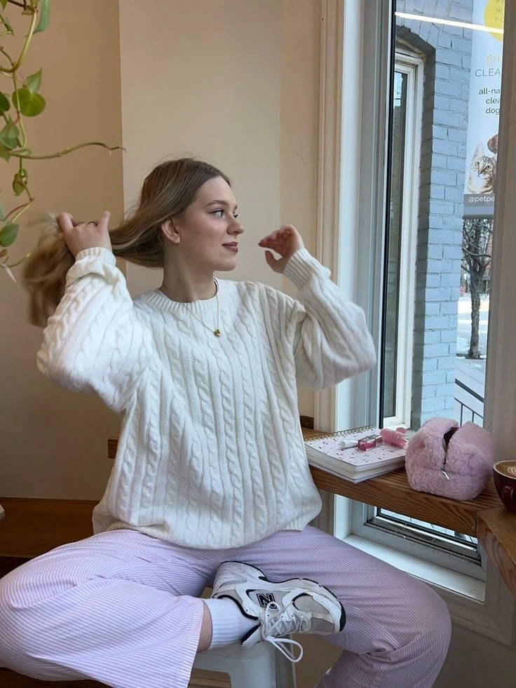 Cozy Cable Knit With Lavender Leggings
