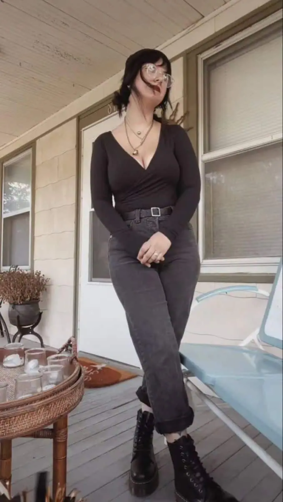 Classic Black Wrap Top and Jeans
