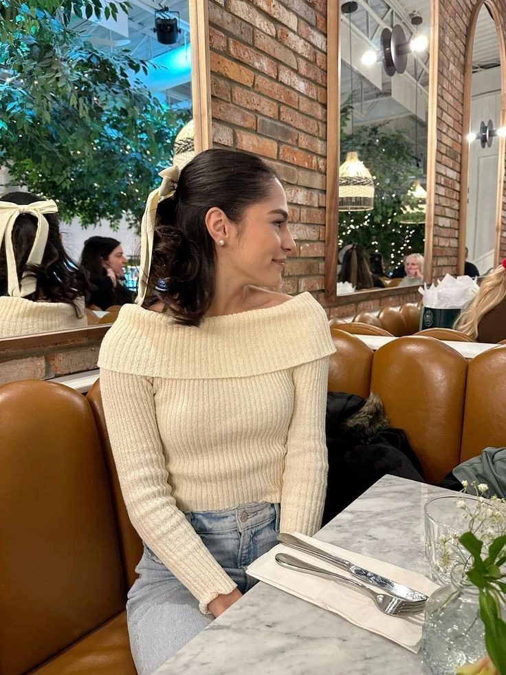 Cream Off-Shoulder Top with Light Denim
