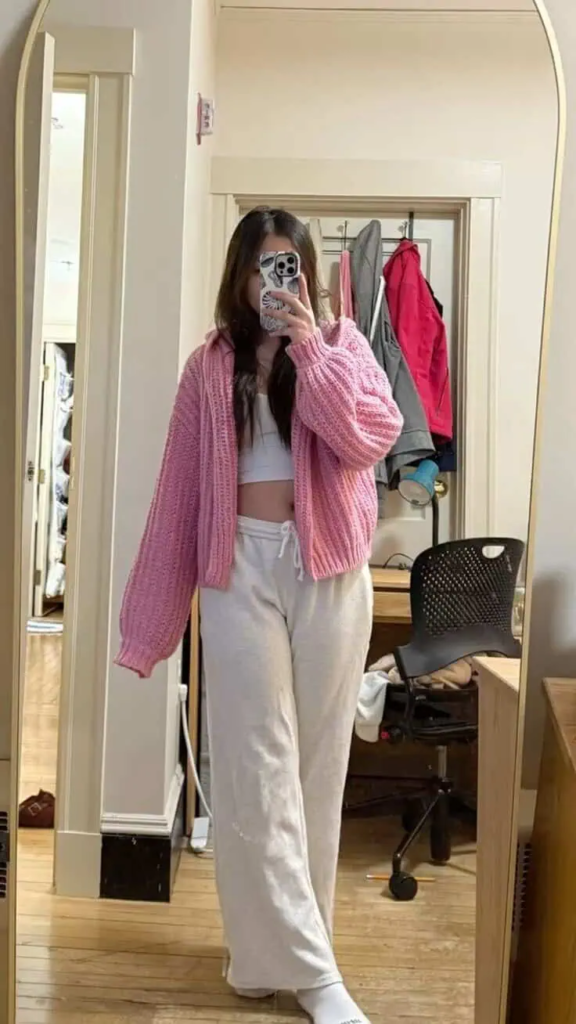 Pink Cardigan with Cream Loungewear
