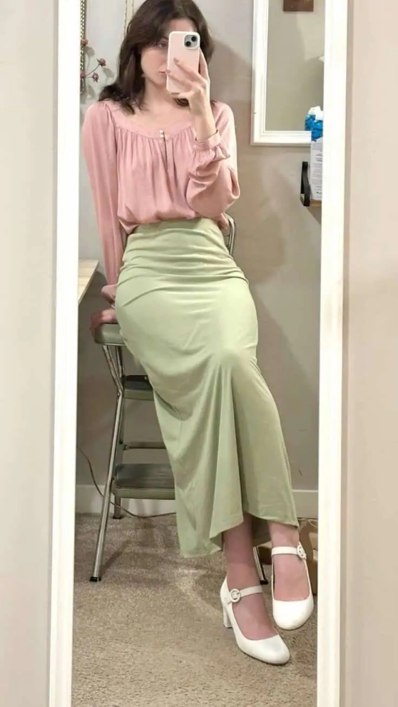 Soft Pink Blouse With Sage Skirt
