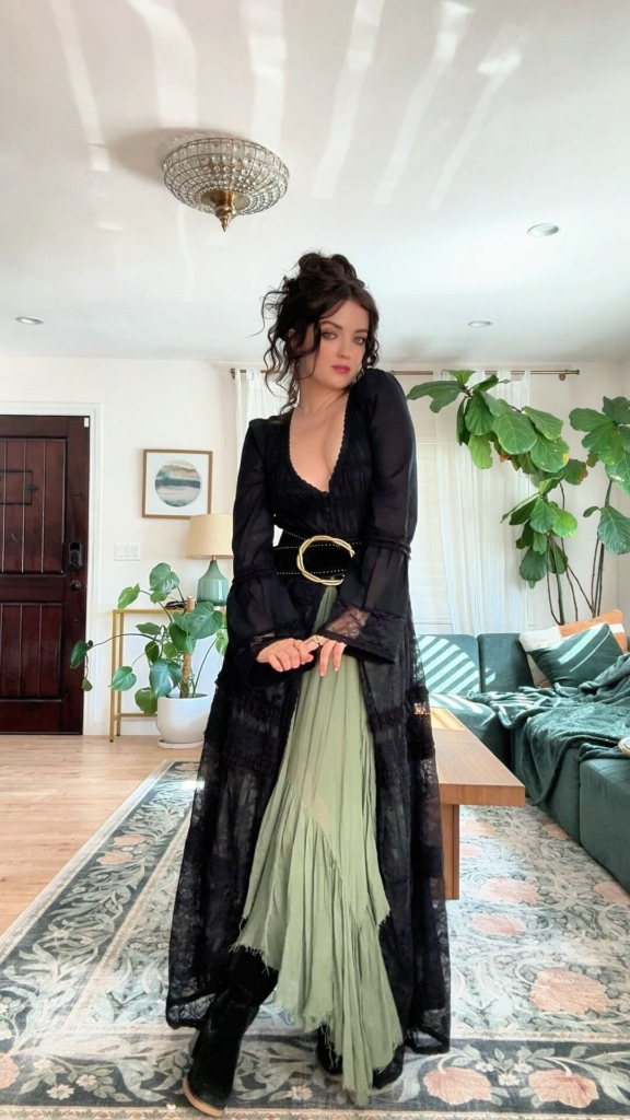 Black Lace Cardigan with Sage Maxi Skirt