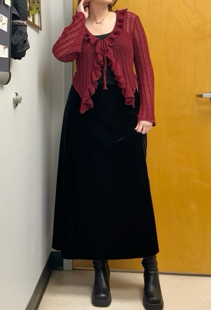 Burgundy Cardigan Over Black Velvet
