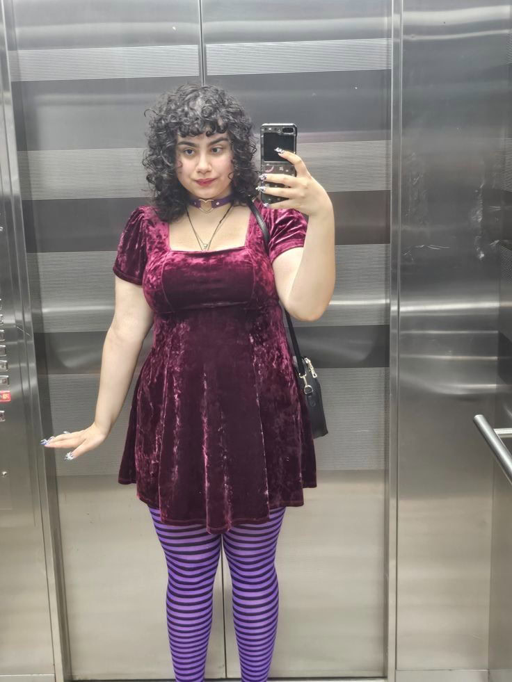 Velvet Dress with Bold Striped Tights
