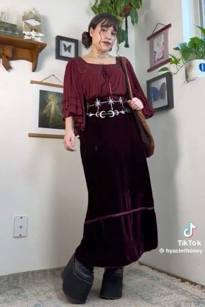 Burgundy Velvet Dress With Mystical Belt
