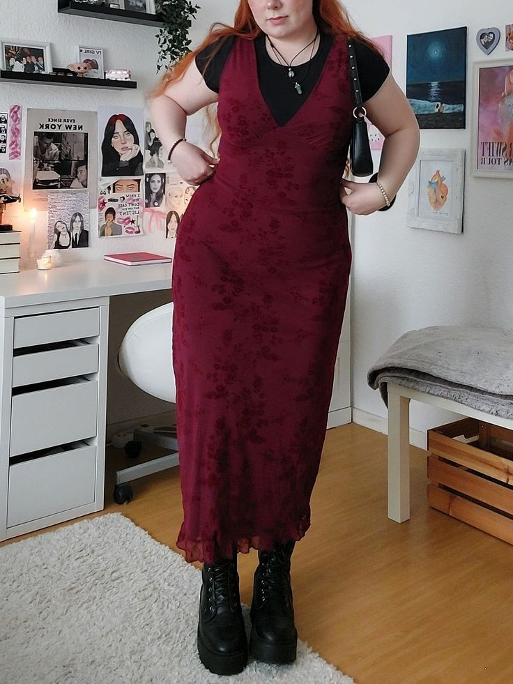 Burgundy Slip Dress with Edgy Layers
