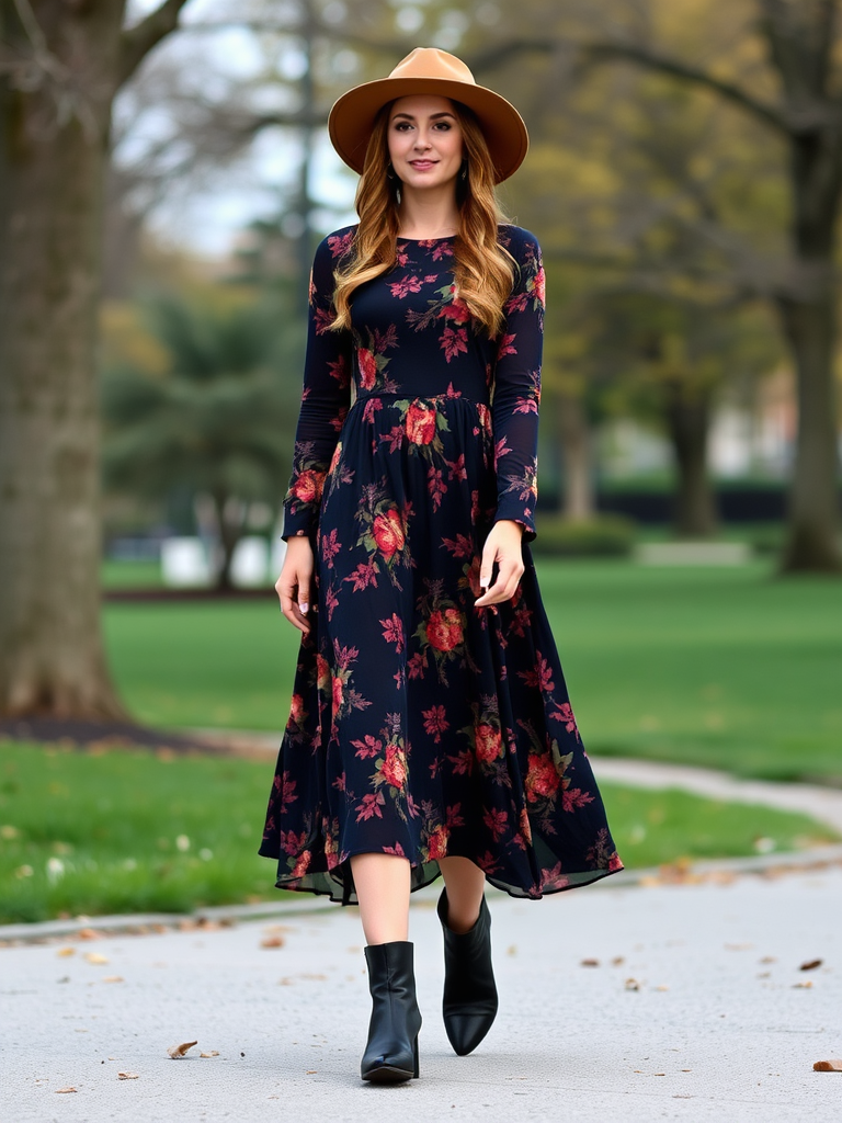 7. Floral Midi Dress and Ankle Boots
