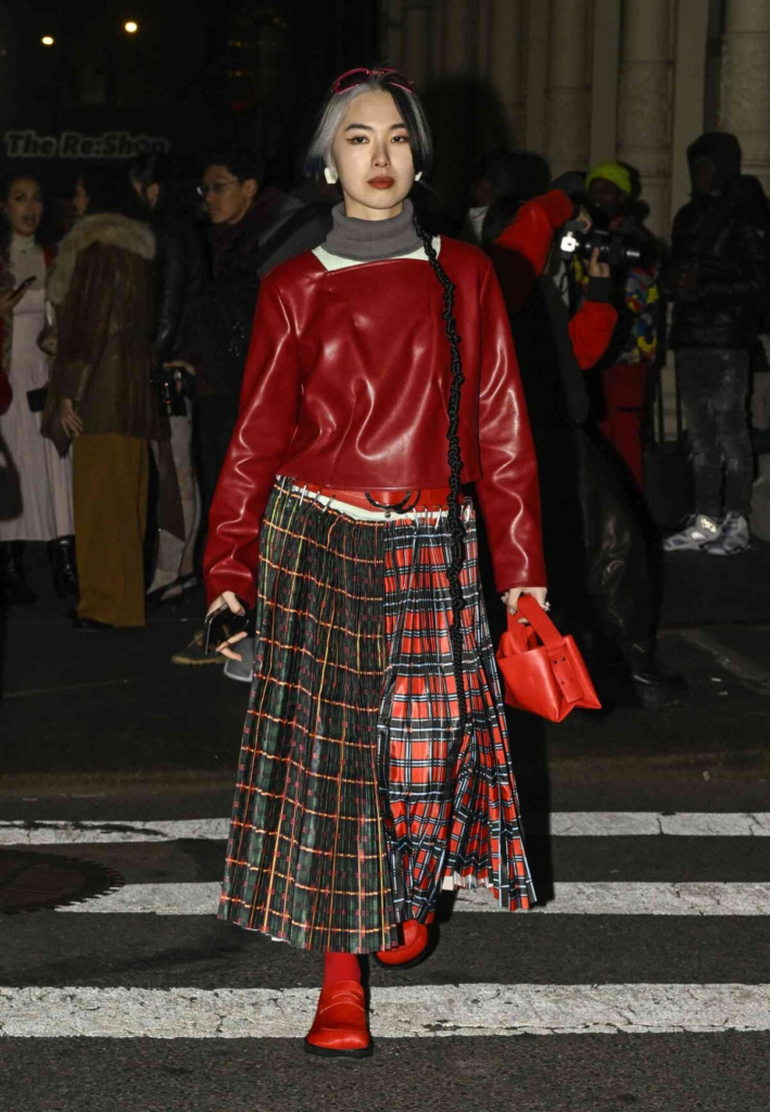 Bold Red Leather With Plaid Skirt
