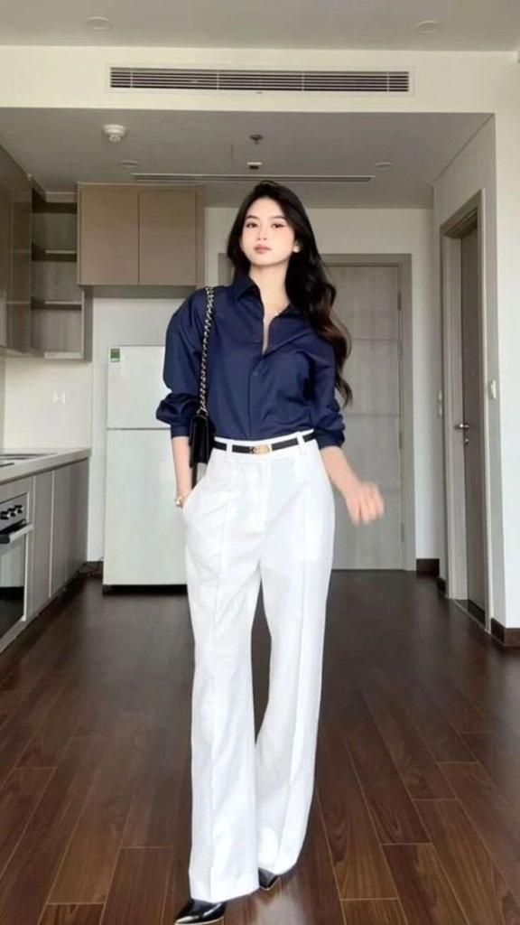 Navy Shirt with White Wide-Leg Pants
