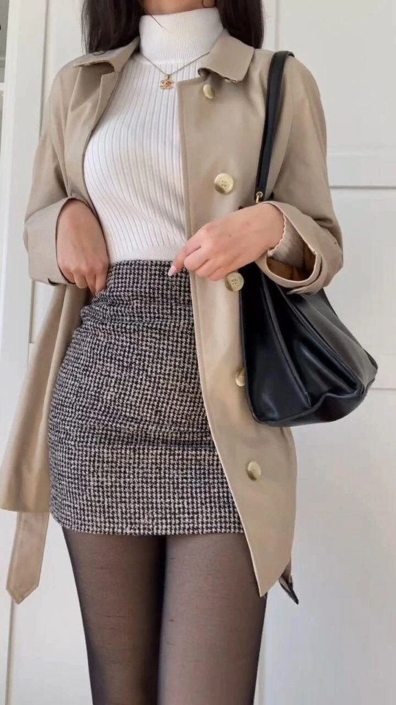 Beige Blazer With Textured Tweed Skirt