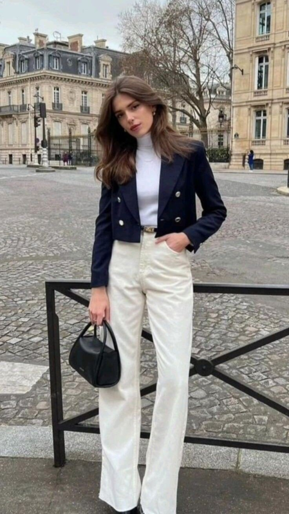 Cropped Blazer with Cream Wide-Legs
