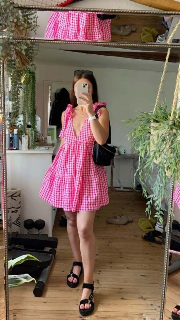 Pink Gingham Dress with Playful Ruffle Sleeves