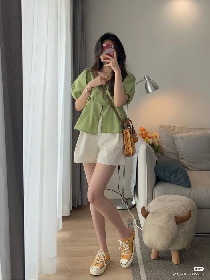 Sage Green Blouse with Cream Shorts